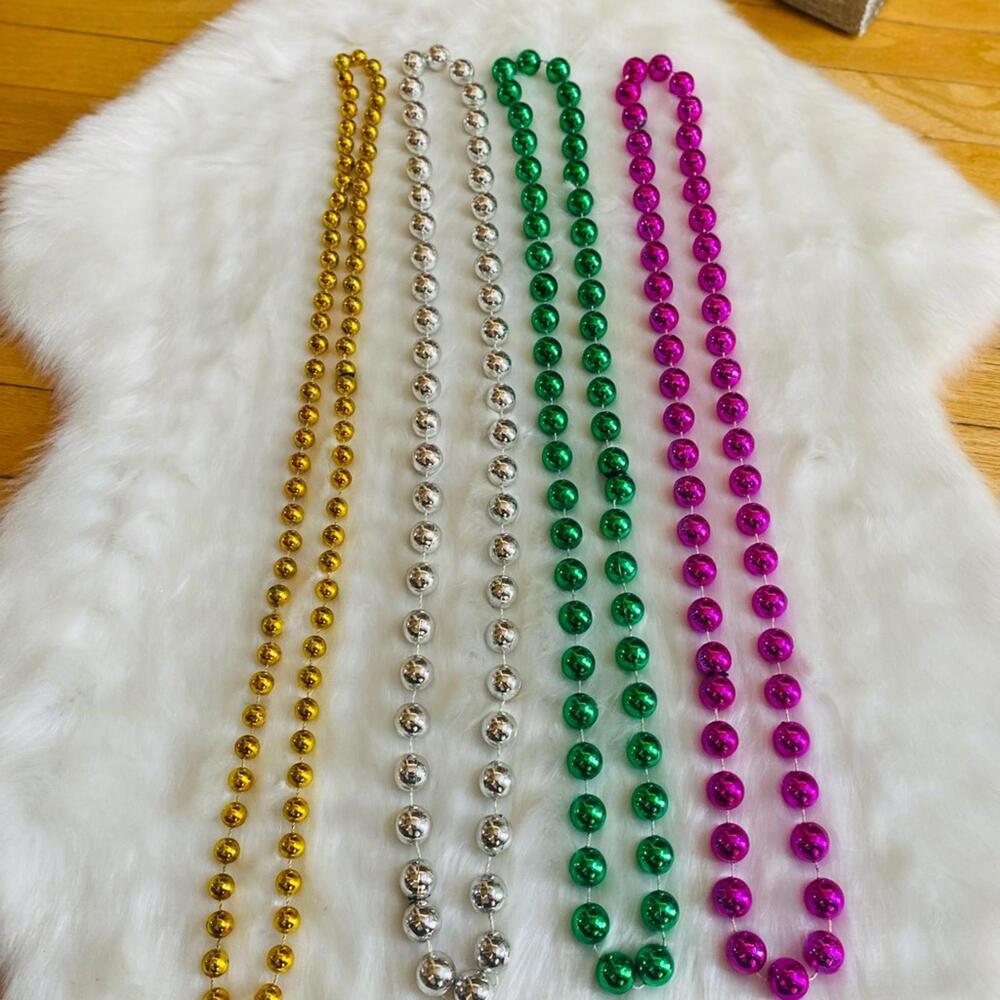 Set of Four Large Mardi Gras Beaded Necklaces in Gold, Silver, Green, and Purple